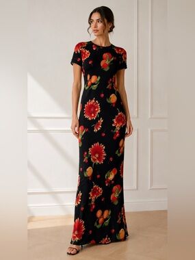 Vintage Joseph Ribkoff Fruit Floral Maxi Dress Size 8